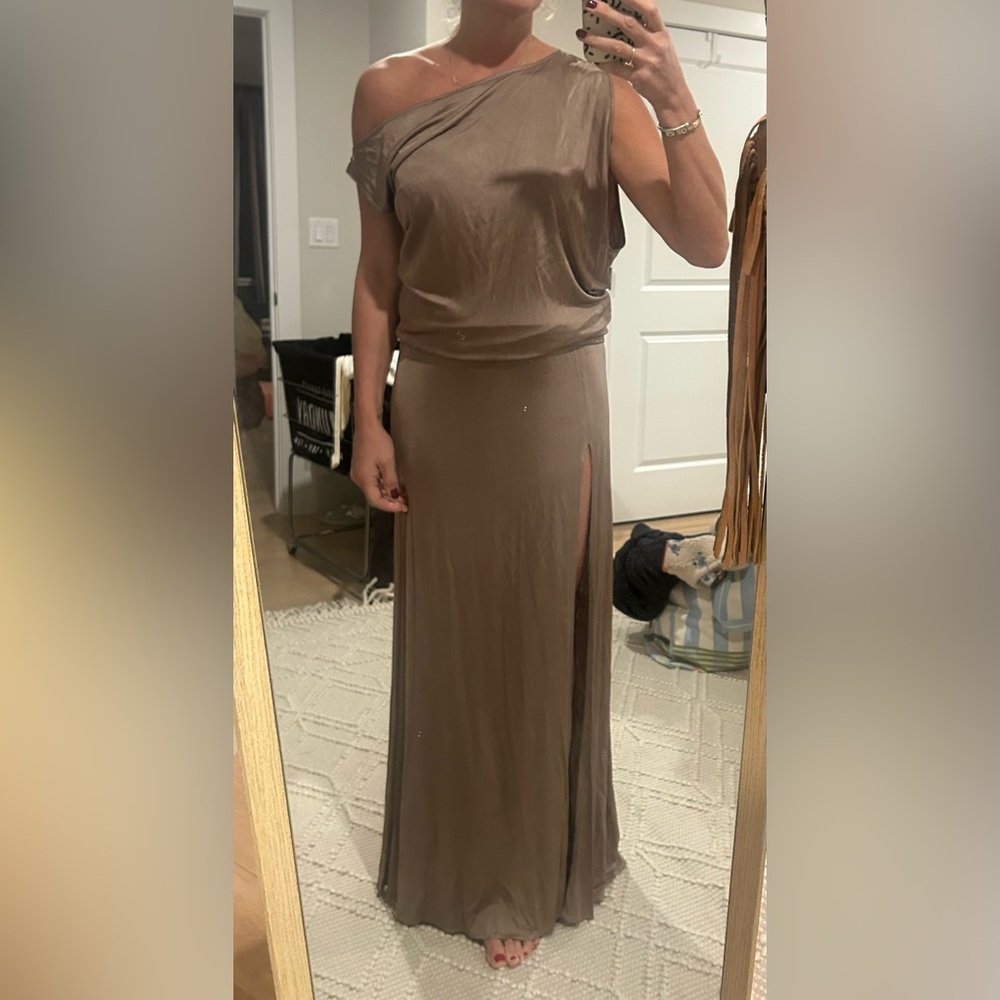 Alexis off shoulder Brown Maxi Dress with high leg Slit